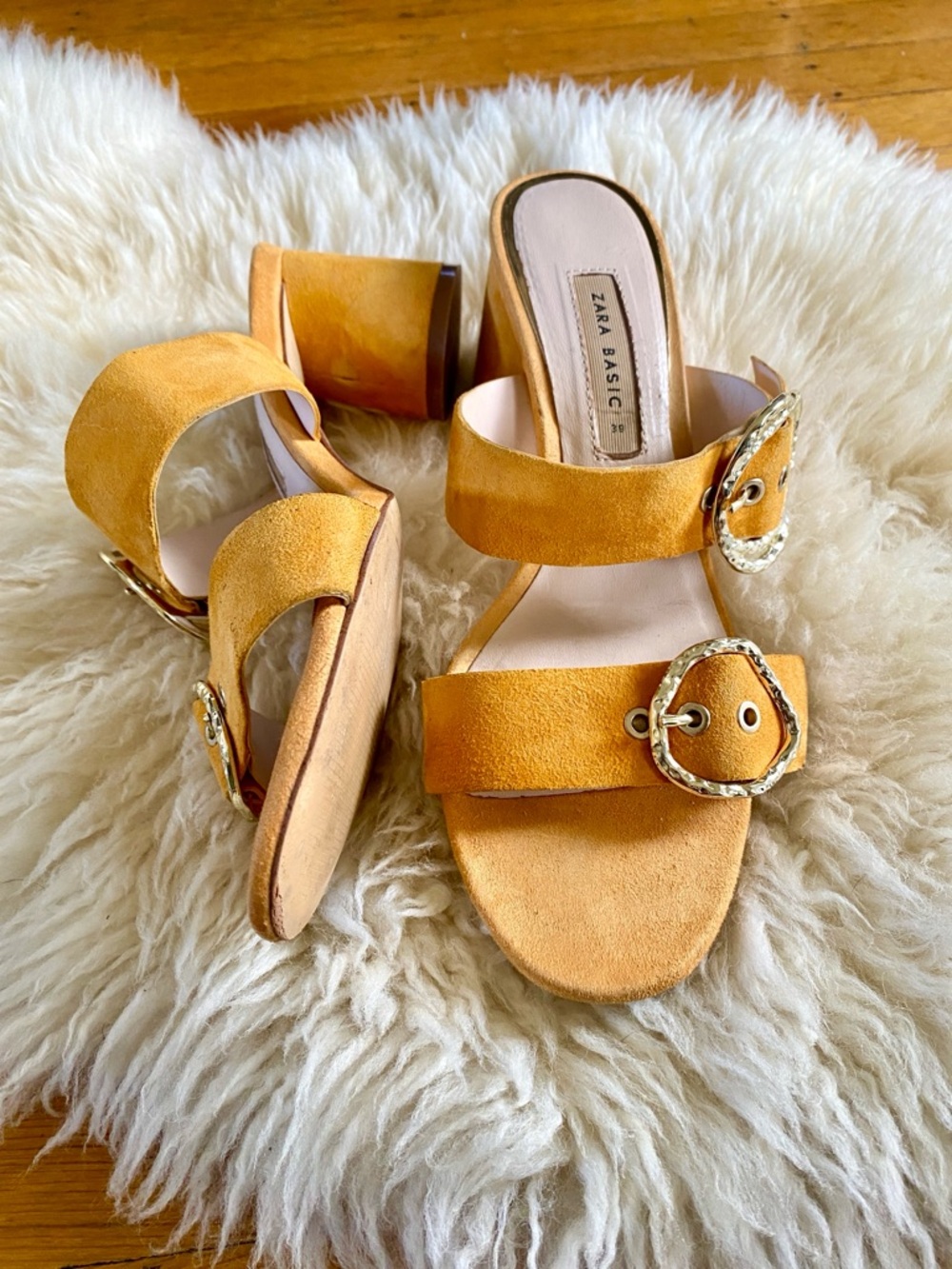 Zara block heel yellow sandal mules with buckle strap size 39